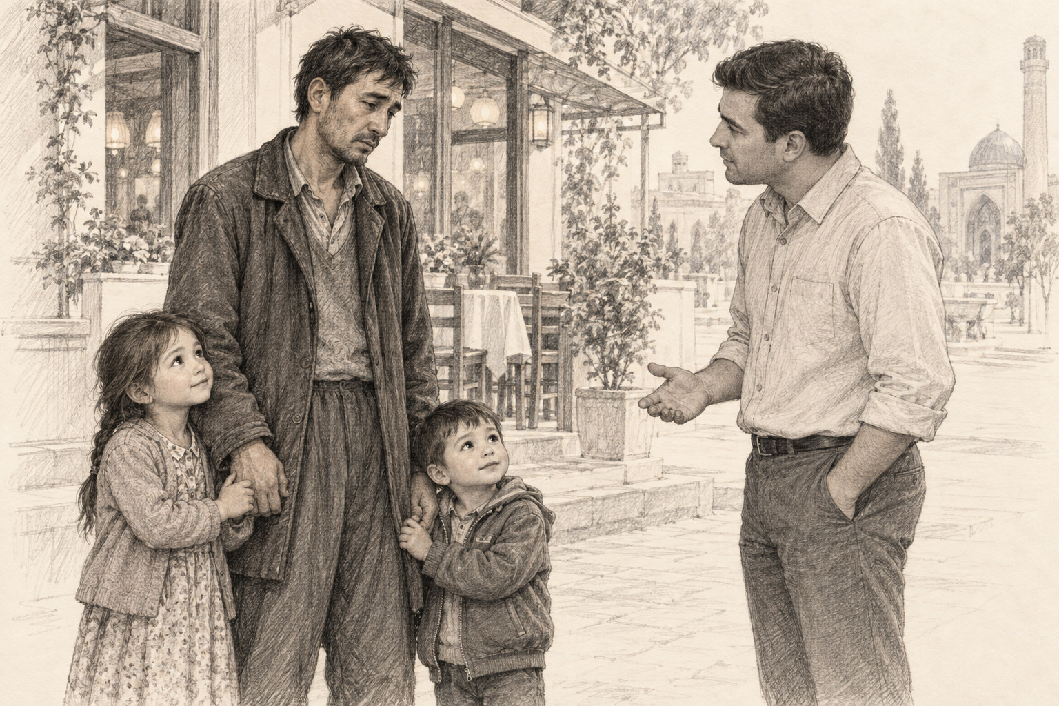 Imagined pencil sketch of a sad father with two young children speaking with another man outside a restaurant.